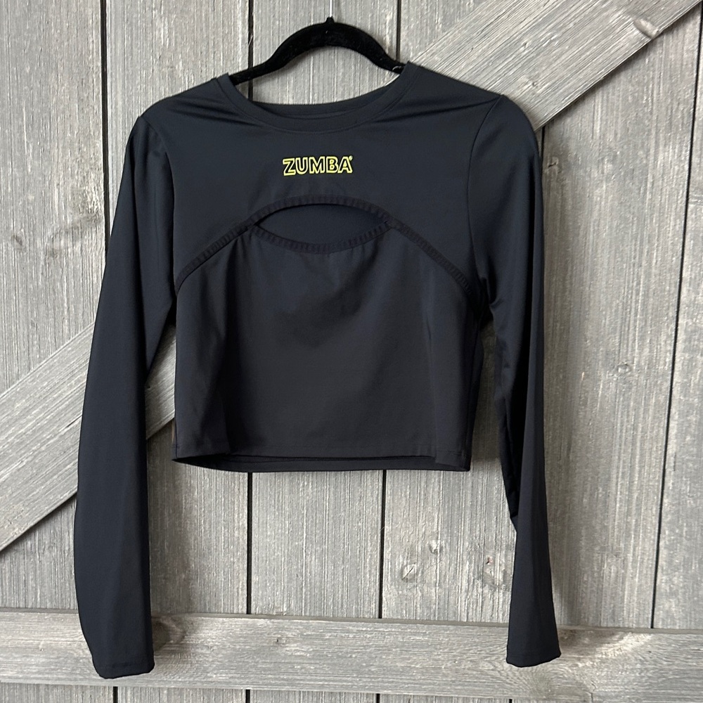 Zumba Fitness Black Long-Sleeve Cropped Performance Top with Yellow Logo